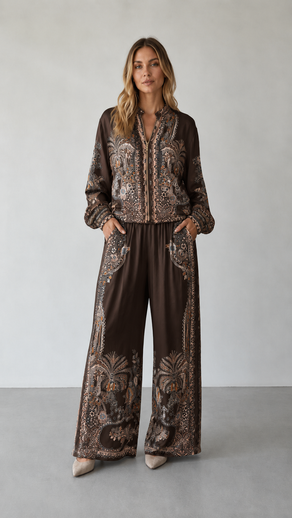Paisley Print Zip-Front Blouse & Wide Leg Pants Set