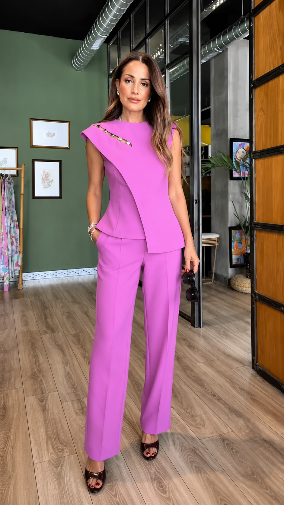 Asymmetrical Button Detail Top & Tailored Pants Set