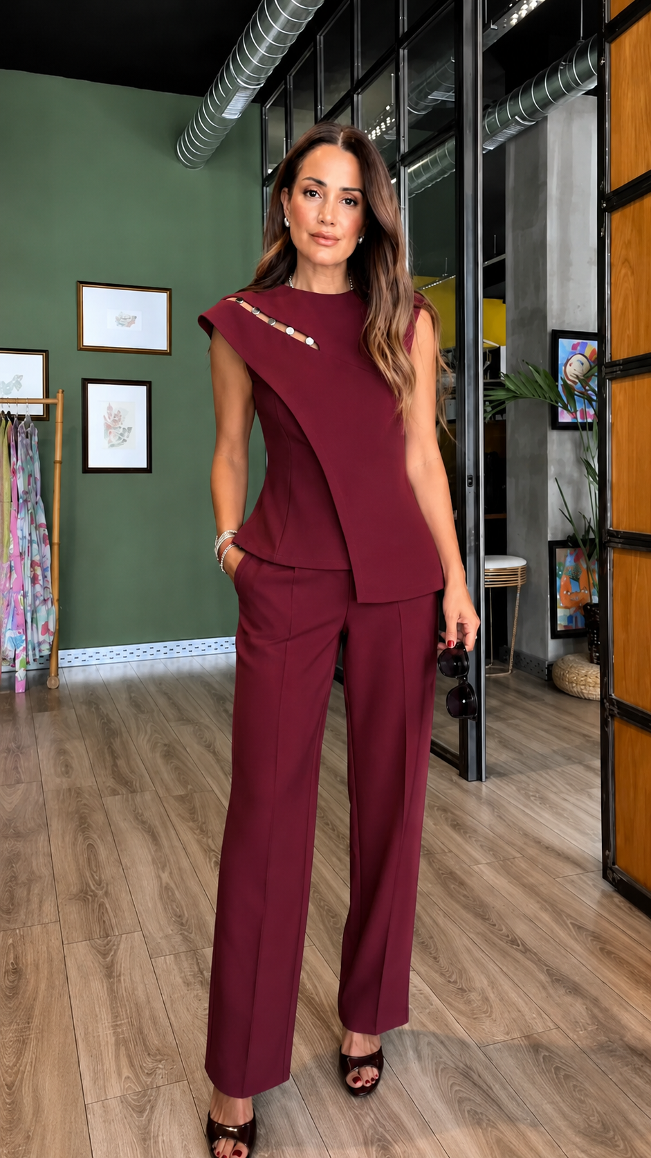 Asymmetrical Button Detail Top & Tailored Pants Set