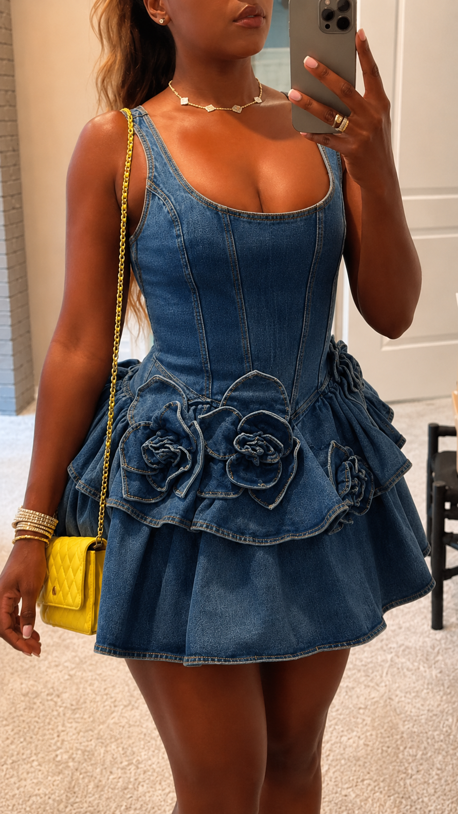Denim Corset Mini Dress with 3D Floral Ruffle Skirt