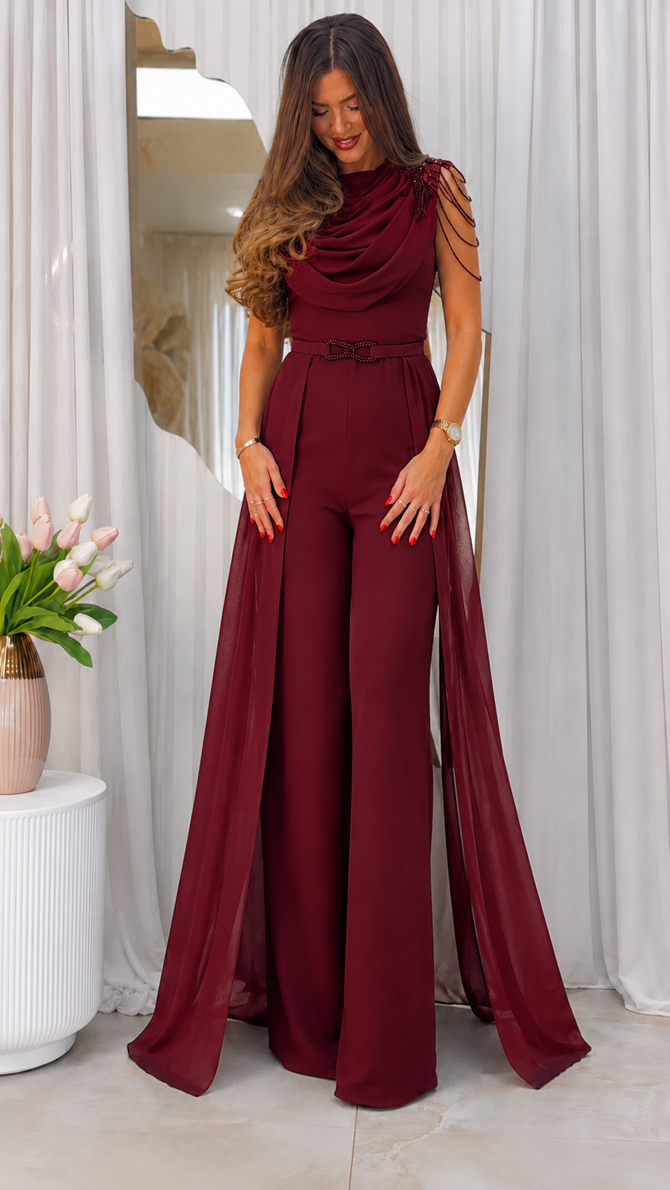 Elegant Black Draped Wide-Leg Jumpsuit