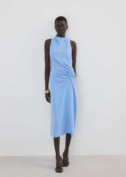 Draped neck dress with side ruching