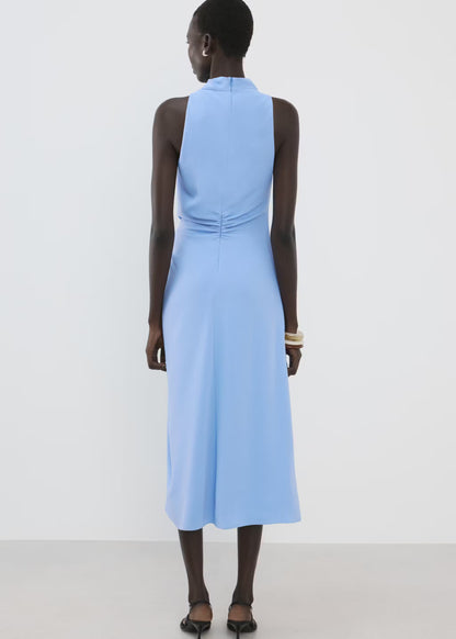 Draped neck dress with side ruching