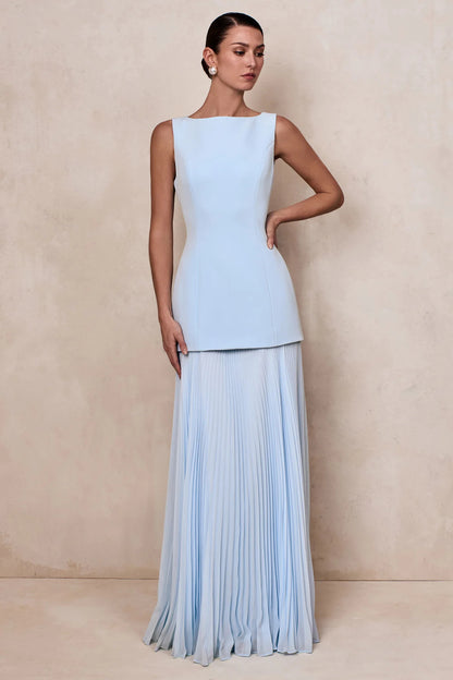 Powder Blue Boat-Neck Maxi Dress With Drop-Waist