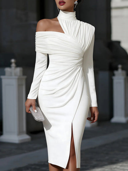 Elegant Asymmetric Ruched Midi Dress | Cold Shoulder Bodycon