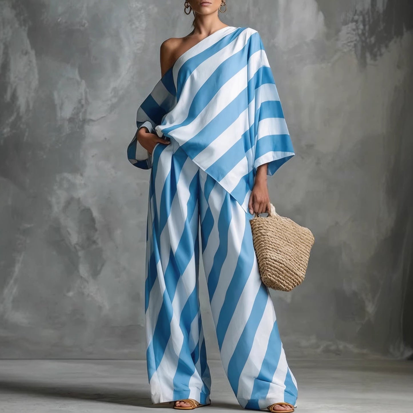Retro Striped Printed Chiffon Top And Wide-leg Pants Set