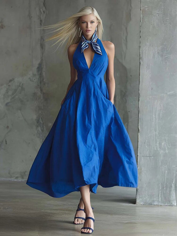 Womens Retro Sleeveless Tie-Waist A-Line Midi Dress With V-Neck