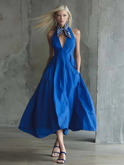 Womens Retro Sleeveless Tie-Waist A-Line Midi Dress With V-Neck