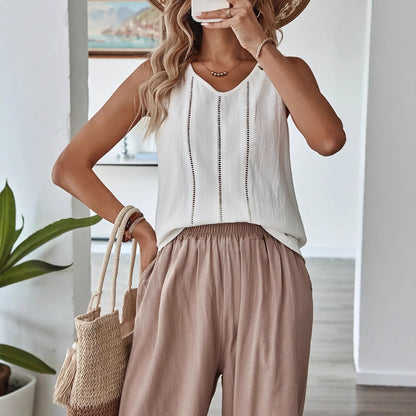 Elegant Hollow-Out Lace-Trimmed Sleeveless Tank Top
