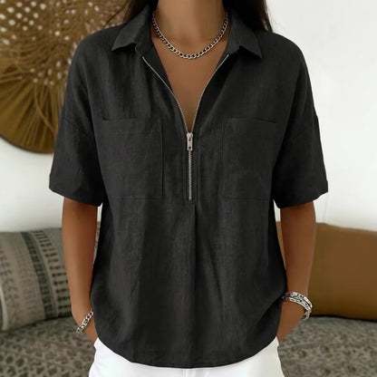 Loose-fit Lapel Short-sleeve Casual V-neck Zip-up Shirt