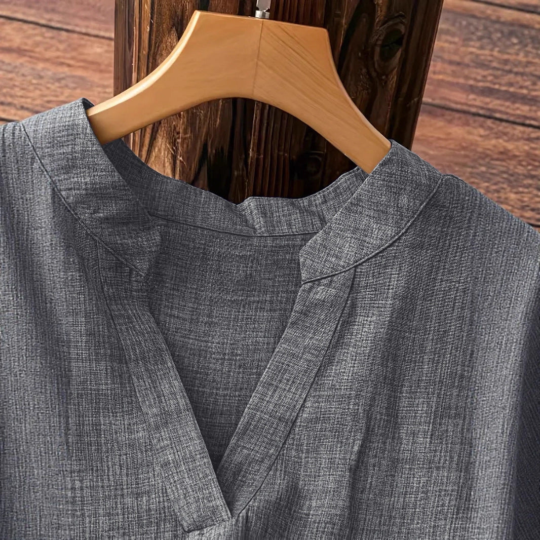V-Neck Button-Down Loose Fashionable Womens Shirt