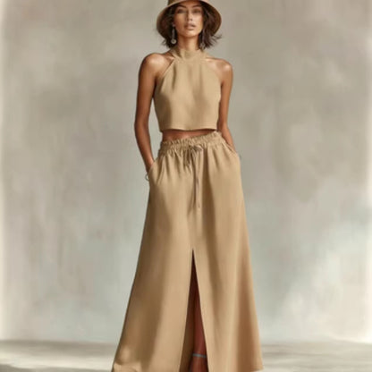 Neck-hanging Sleeveless Top High-waisted Split Wide-leg Long Skirt Two-piece Set