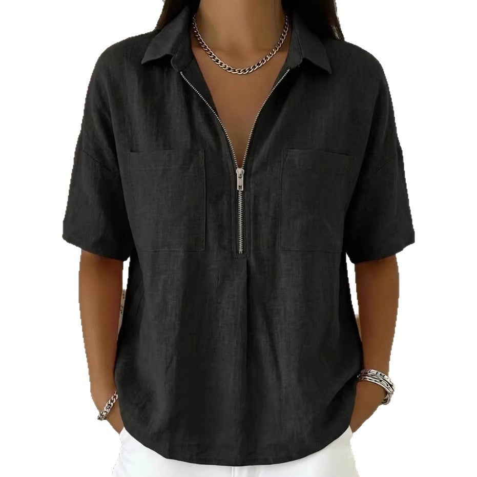 Loose-fit Lapel Short-sleeve Casual V-neck Zip-up Shirt