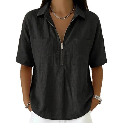 Loose-fit Lapel Short-sleeve Casual V-neck Zip-up Shirt