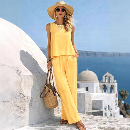 Round-neck Solid-color Fashionable Womens Casual Cotton-Linen Vest And Pants Set