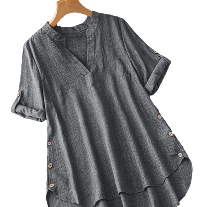 V-Neck Button-Down Loose Fashionable Womens Shirt