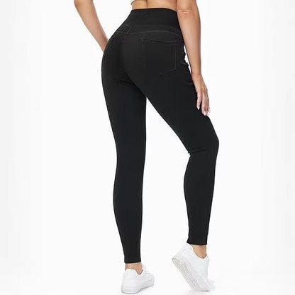 High-waisted Faux Denim Pants With Two Pockets