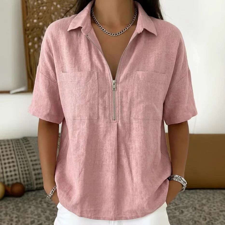 Loose-fit Lapel Short-sleeve Casual V-neck Zip-up Shirt