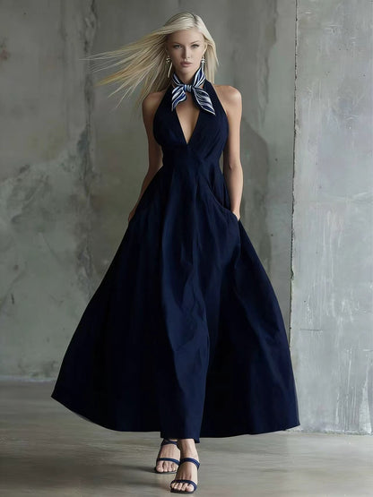 Womens Retro Sleeveless Tie-Waist A-Line Midi Dress With V-Neck