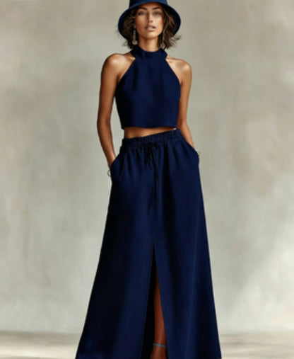 Neck-hanging Sleeveless Top High-waisted Split Wide-leg Long Skirt Two-piece Set