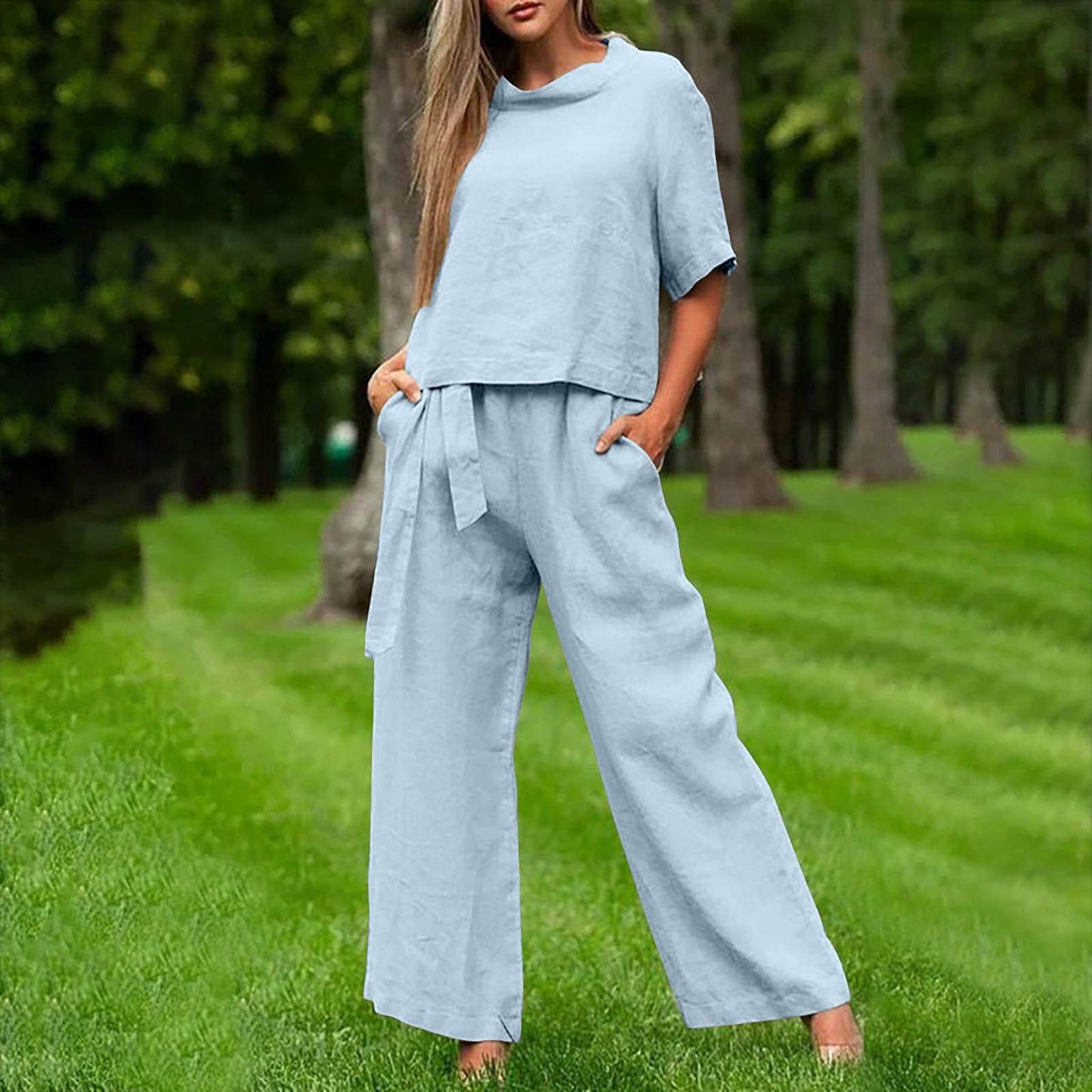 Round-neck Plus-size Womens Casual Two-piece Set, Trendy For Women