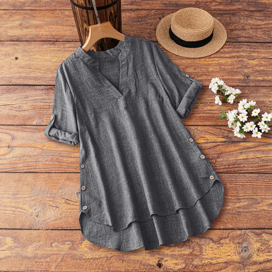 V-Neck Button-Down Loose Fashionable Womens Shirt